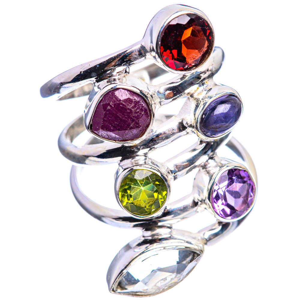 Large Garnet, Ruby, Tanzanite, Peridot, Amethyst, White Quartz Ring Size 7 (925 Sterling Silver) R143002