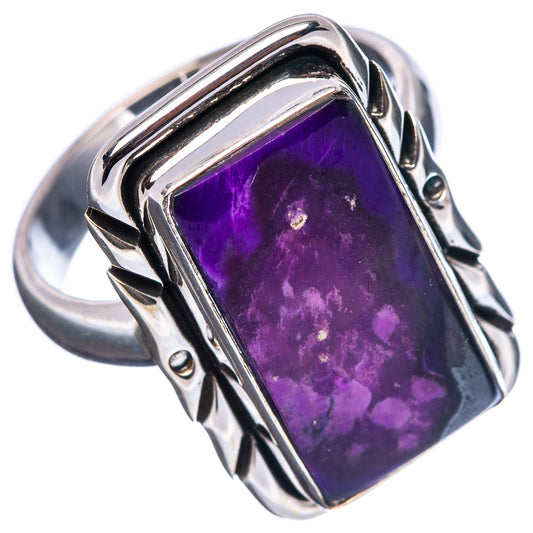 Sterling silver ring with purple sugilite rectangle and decorative side accents