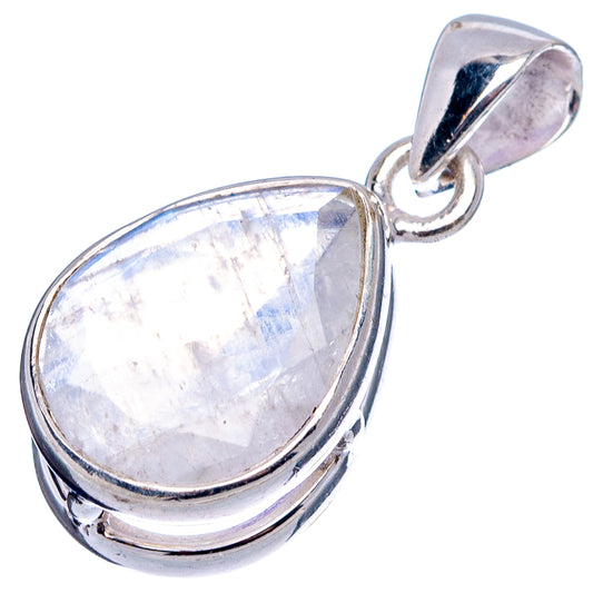 Sterling silver oval teardrop moonstone pendant, faceted rainbow highlight