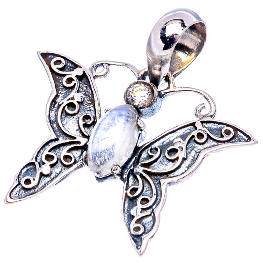 Sterling silver butterfly pendant with iridescent moonstone center and openwork wings