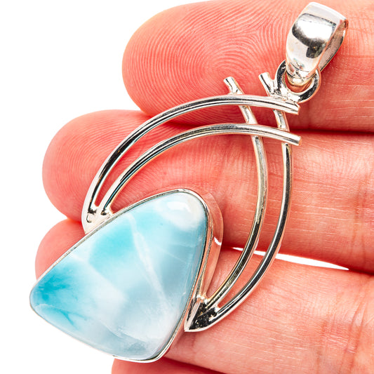 Larimar pendant in .925 sterling silver, blue oval stone in arched wire setting