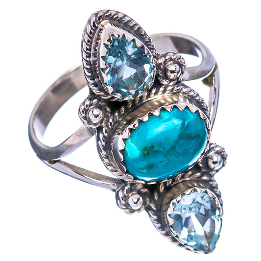 Turquoise and blue topaz ring with ornate silver setting, open side view, size 8.5