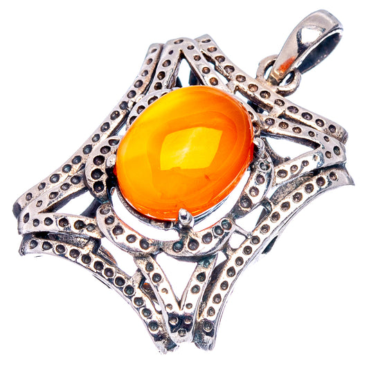 Carnelian cabochon pendant in .925 sterling silver, round orange gemstone in openwork frame