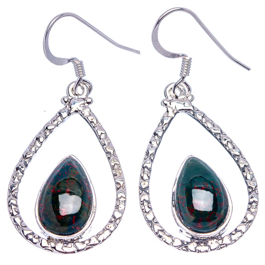 Sterling silver bloodstone teardrop drop earrings, textured silver outline, fishhook