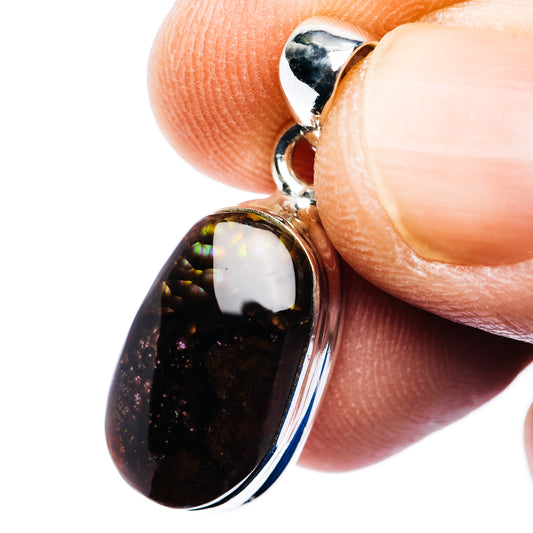 Side view teardrop sterling silver agate pendant with oval bail, dark stone and rainbow sheen
