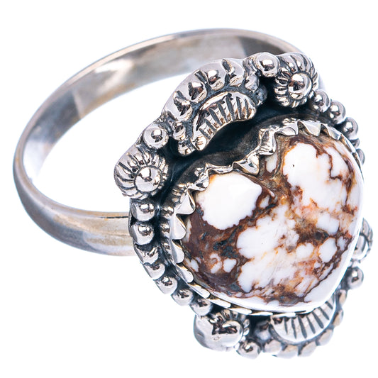 Sterling silver ring with side profile; white wild horse jasper cabochon with brown veining
