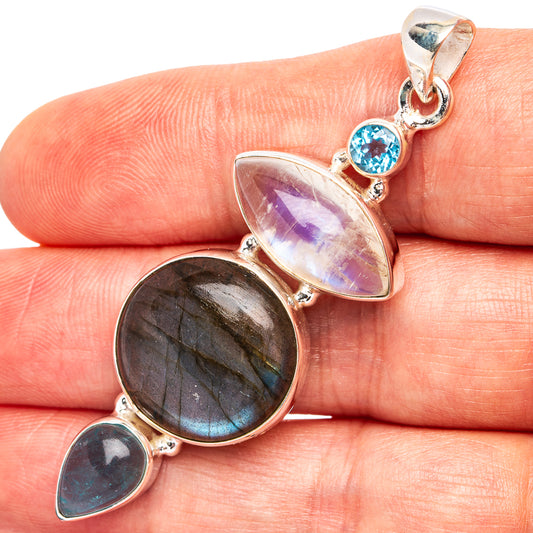 Sterling silver gemstone pendant with labradorite, moonstone and blue topaz accents