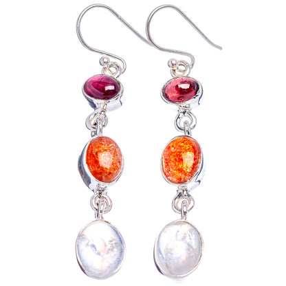 Premium Sunstone, Rainbow Moonstone, Garnet Earrings 2 1/8" (.925 Sterling Silver)