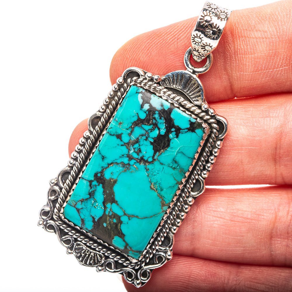 Exclusive Southwestern Style Hubei Turquoise Pendant 2 1/8" (.925 Sterling Silver)