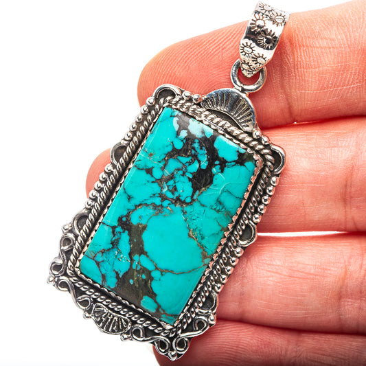Exclusive Southwestern Style Hubei Turquoise Pendant 2 1/8" (.925 Sterling Silver)