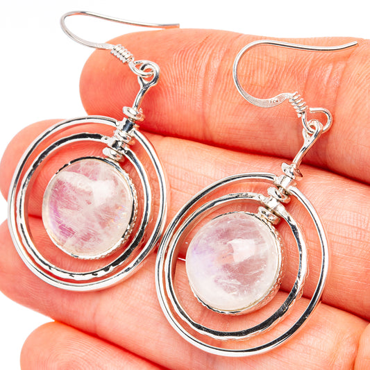 Sterling silver moonstone drop earrings with round pink stone and double ring frames