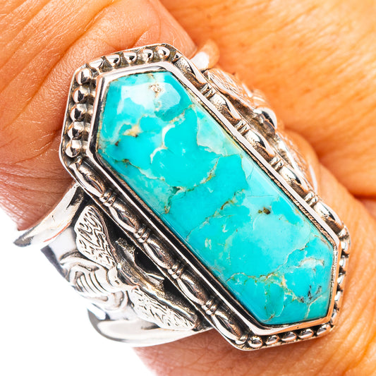 Turquoise inlay sterling silver ring, size 7.75, ornate bezel with diamond-like edge