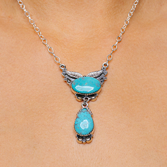 Turquoise oval pendant necklace with 925 sterling silver chain and drop charm