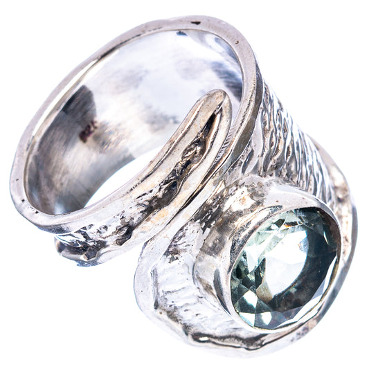 Ornate .925 sterling silver ring with oval green amethyst, wide open split band