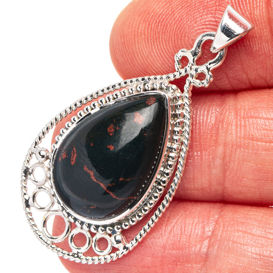Teardrop bloodstone pendant in .925 sterling silver with dark green stone bezel