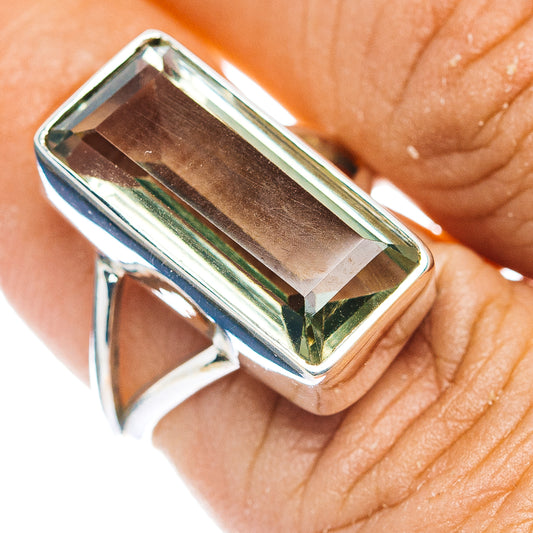 Green amethyst faceted ring in .925 sterling silver, rectangular cushion setting, close-up.