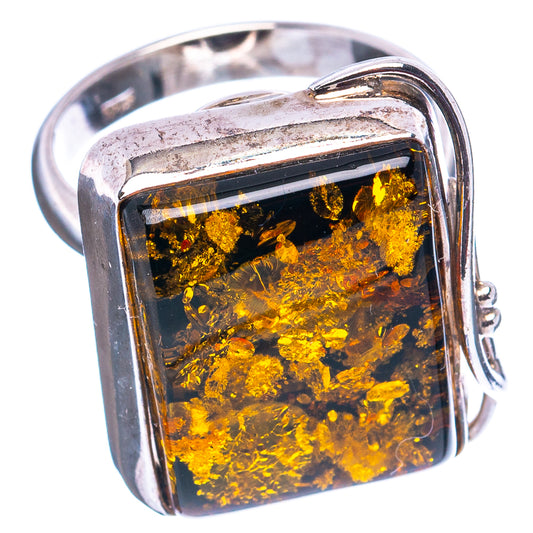 Square amber ring in 925 sterling silver, side view with openwork and yellow center