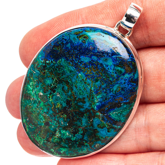 Oval azurite malachite pendant in .925 sterling silver bezel, blue-green stone