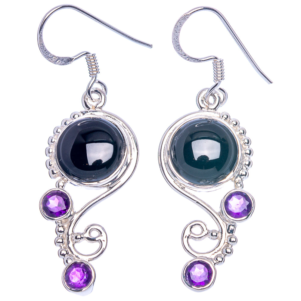 Premium Black Onyx, Amethyst Earrings 1 3/4" (925 Sterling Silver) E1204