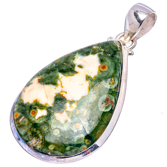 Sterling silver ocean jasper teardrop pendant with green, cream, and orange speckles