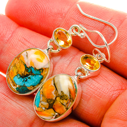 Spiny Oyster Turquoise, Citrine Earrings 1 3/4" (925 Sterling Silver) EARR431999