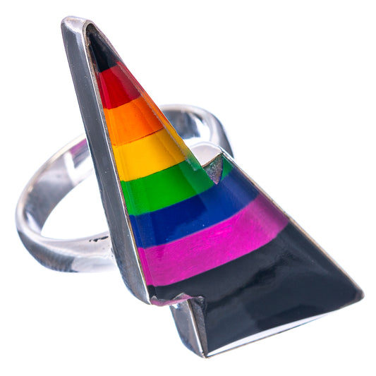 Rainbow bolt .925 sterling silver ring, size 6, angled view of multicolor gem point