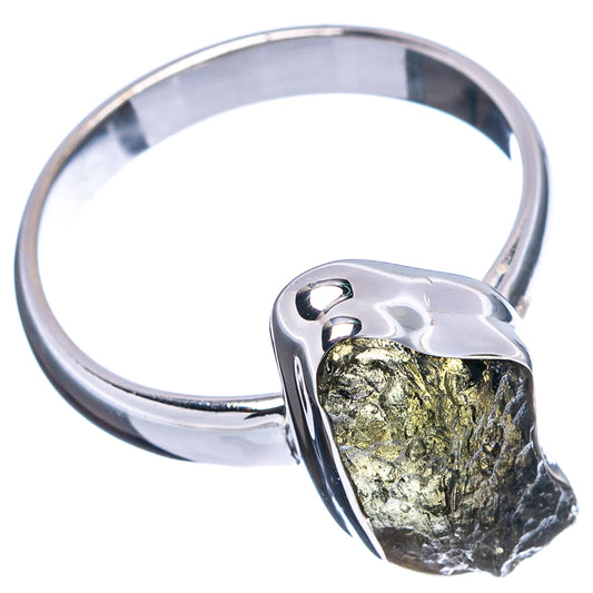 Rare moldavite ring with textured green-black stone and polished 925 sterling silver band