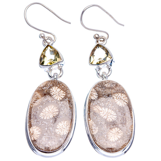 Oval fossil coral drop earrings with lemon quartz triangle accents and .925 silver hooks