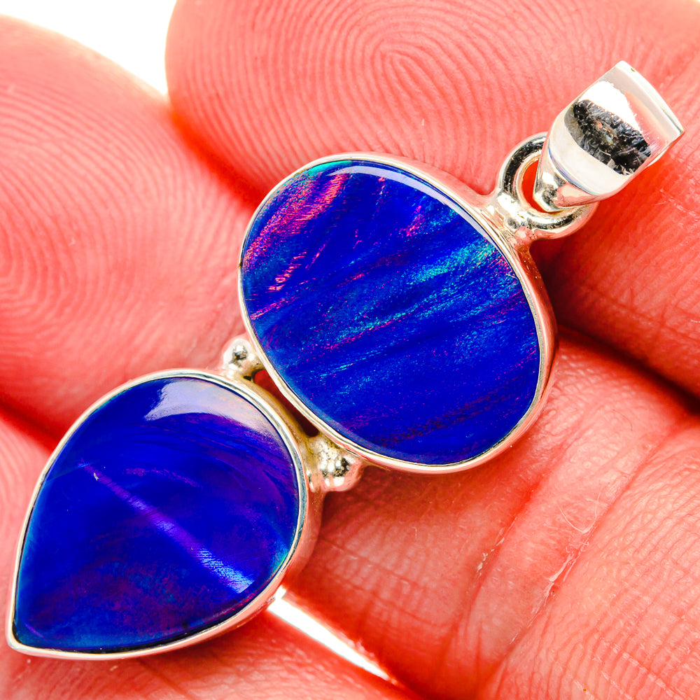 925 sterling silver opal pendant with two blue oval stones and loop bail