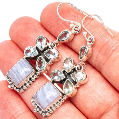 Premium Blue Lace Agate, Blue Topaz Earrings 2 1/8" (925 Sterling Silver) E1768