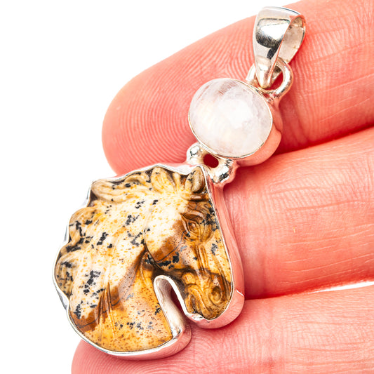 Sterling silver horse pendant with opalescent moonstone cabochon and jasper inlay