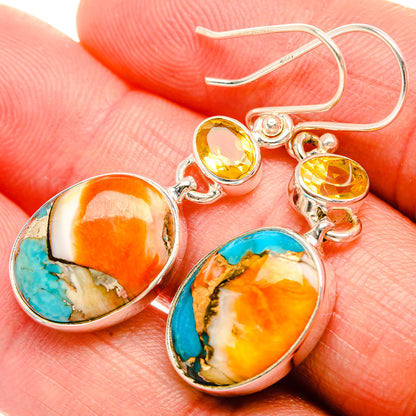 Spiny Oyster Turquoise, Citrine Earrings 1 3/4" (925 Sterling Silver) EARR432059