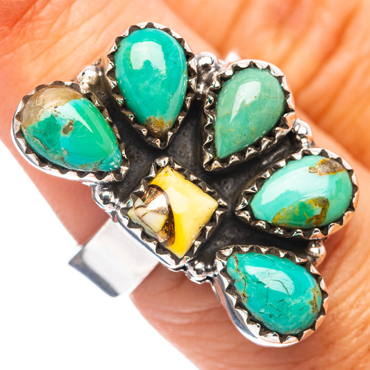 Adjustable sterling silver ring with turquoise teardrop stones, yellow and green accents