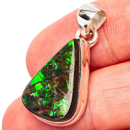 Sterling silver ammolite teardrop pendant with vivid green iridescent stone and bail