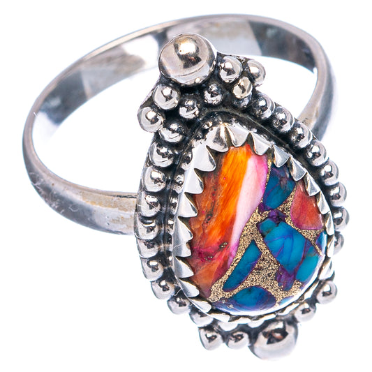 Turquoise ring in .925 sterling silver with multi-color teardrop inlay, openwork bead band