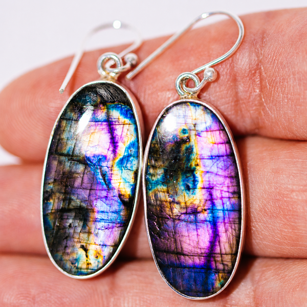 Premium Spectrolite Earrings 1 7/8" (.925 Sterling Silver)