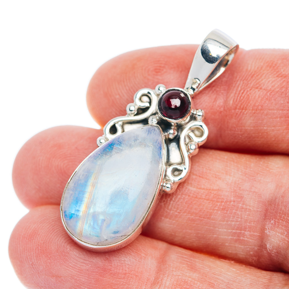 Premium Rainbow Moonstone, Garnet Pendant 1 5/8" (.925 Sterling Silver)
