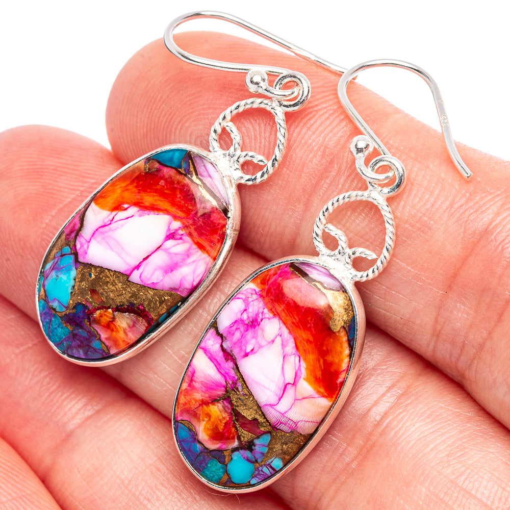 Sterling silver teardrop earrings with multicolor mosaic stone and filigree hooks