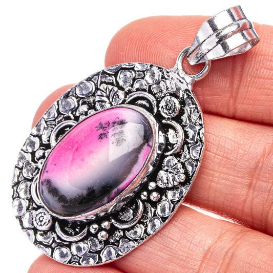Pink dendritic opal pendant in German Silver, oval pink stone with ornate bezel
