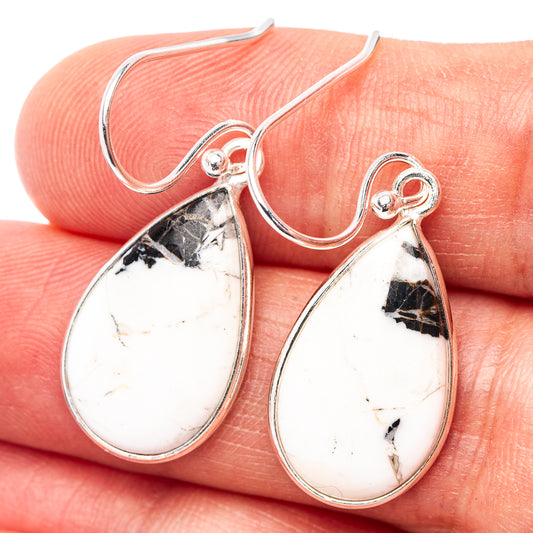 .925 sterling silver teardrop drop earrings with white buffalo stone and black matrix