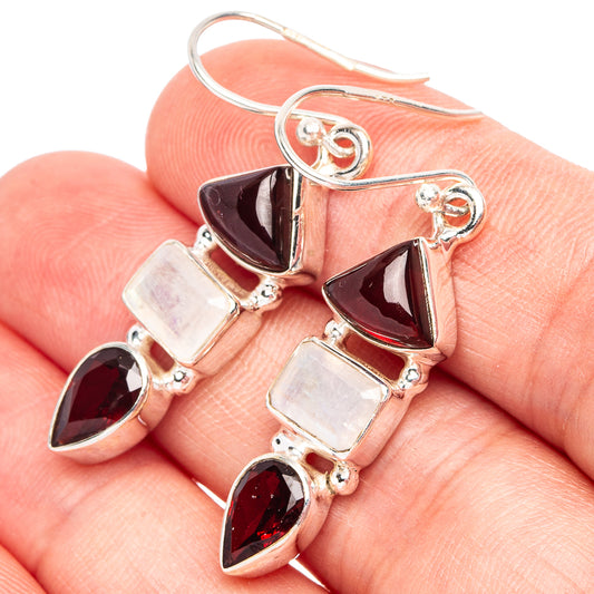 Garnet, Rainbow Moonstone 925 Sterling Silver Earrings 1 5/8" (925 Sterling Silver) E2219