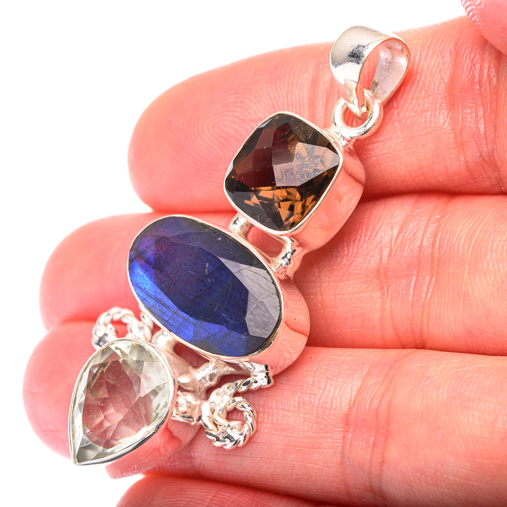 Labradorite, Green Amethyst, Smoky Quartz Pendant 2" (925 Sterling Silver) PD38589