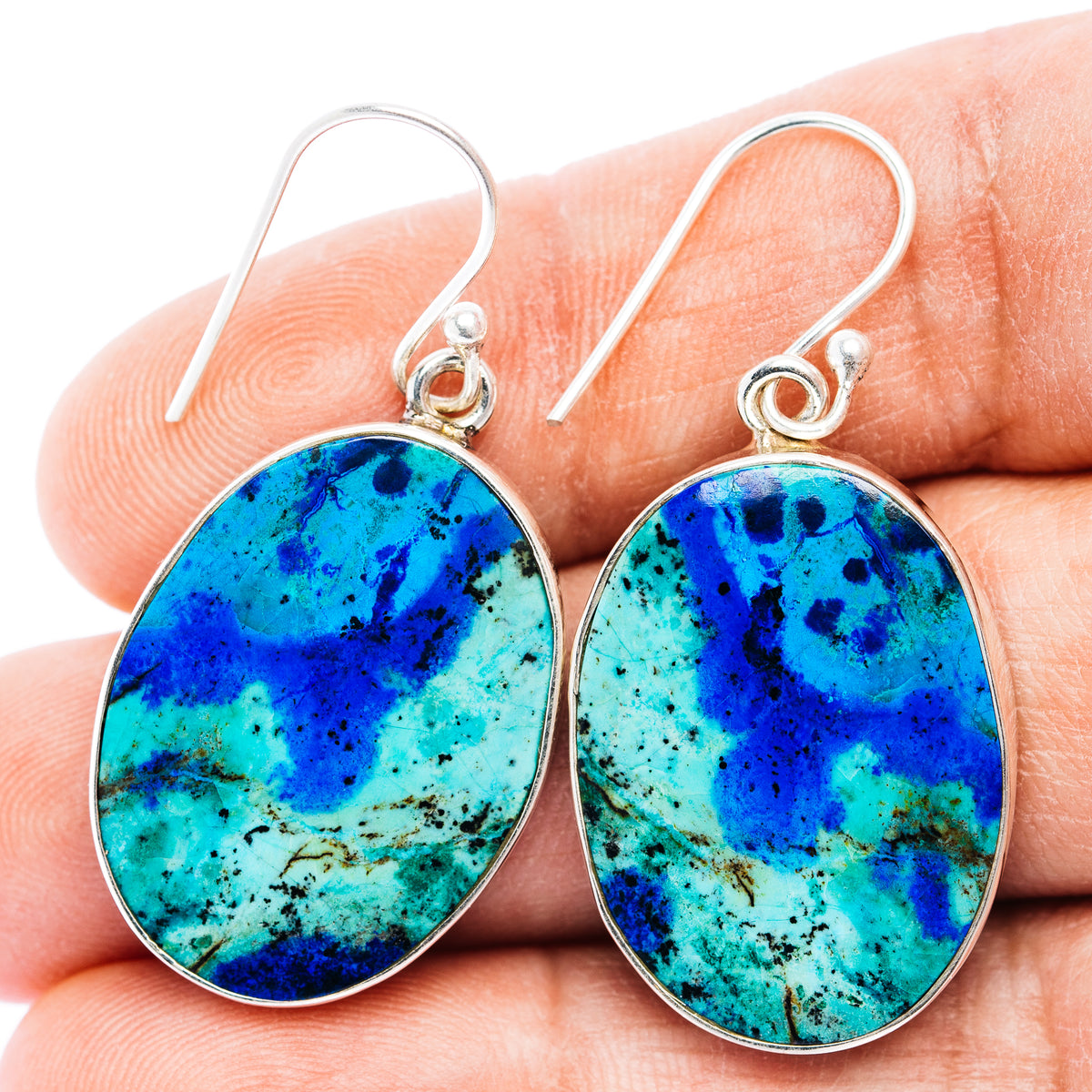 Large Premium Bluebird Azurite Earrings 1 5/8" (.925 Sterling Silver)