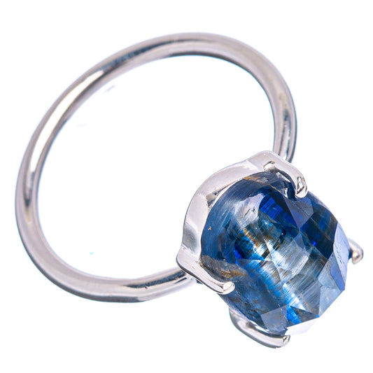925 sterling silver ring, side view, oval faceted blue kyanite gemstone in prong setting