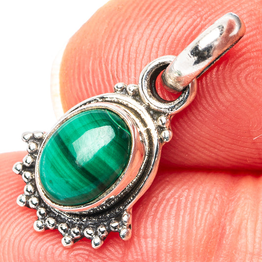 Malachite pendant, .925 sterling silver with oval green cabochon and beaded silver frame