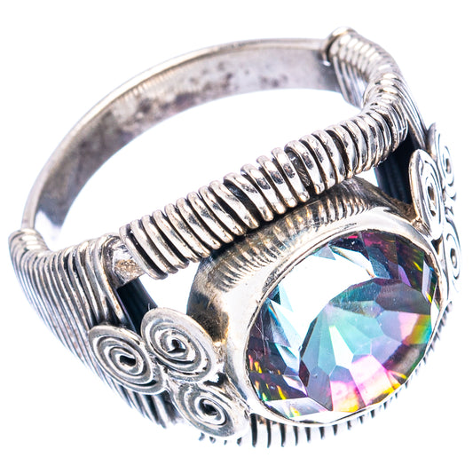 Sterling silver ring with round rainbow gemstone, ribbed band and engraved side ornaments
