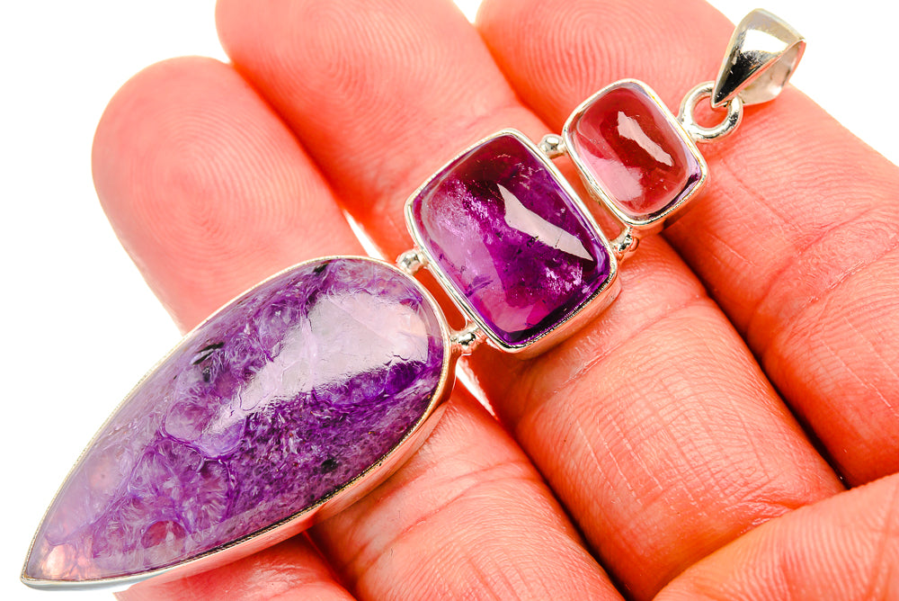 Amethyst 925 sterling silver pendant with three purple cabochon stones in silver setting