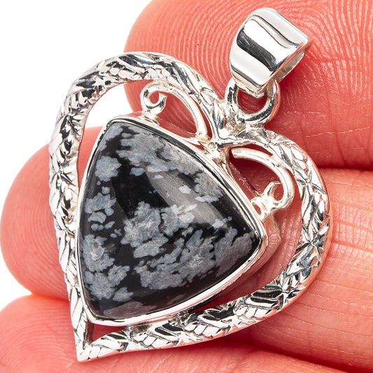 Sterling silver snowflake obsidian heart pendant, detailed rope bezel and loop bail