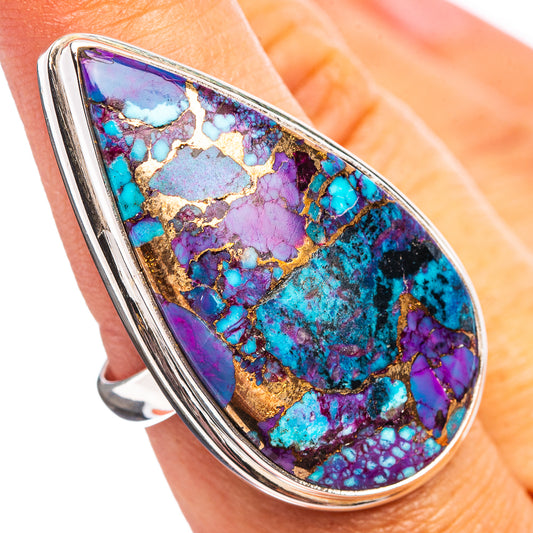 Sterling silver teardrop ring with purple and turquoise mosaic stone inlay
