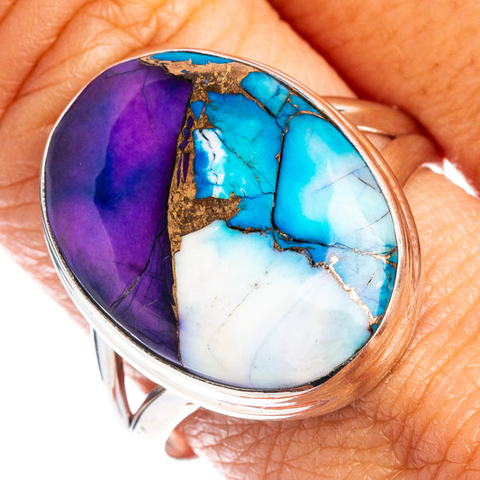 Turquoise and purple oval gemstone inlay sterling silver ring with bezel setting